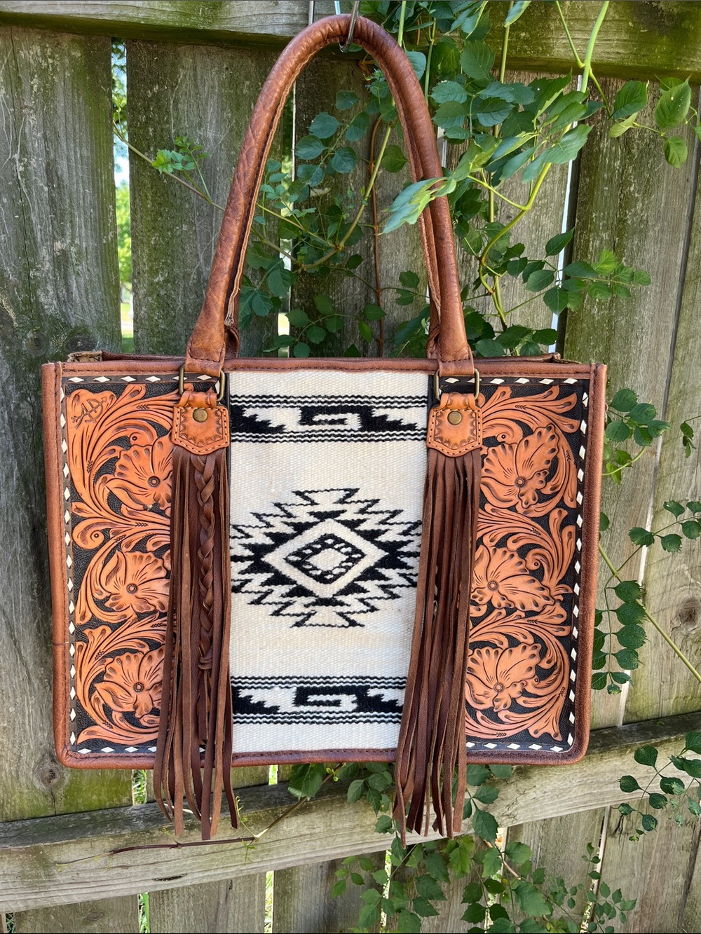 American Darling Tooled Leather Aztec Fringe Tote - Brown/Cream/Black